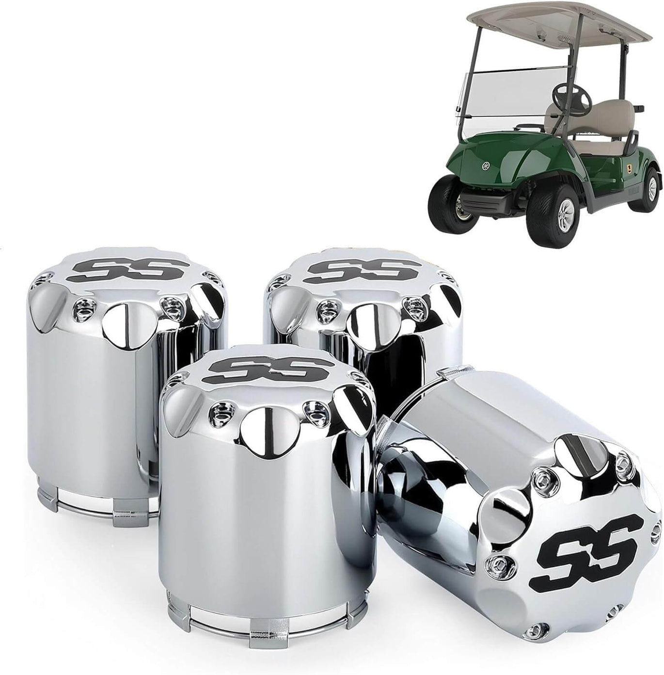 Universal Golf Cart SS Wheel Center Caps for Yamaha, EZGO, Club Car, 4-Pack